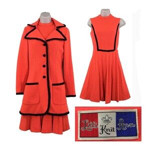 Lilli Ann Knit Vintage 60s 70s Mod Orange Black‎ Dress & Coat Set, 34 bust, XS